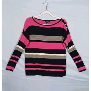 Chaps Women's Small Pink Black Striped Boat Neck Long Sleeve Pullover Sweater